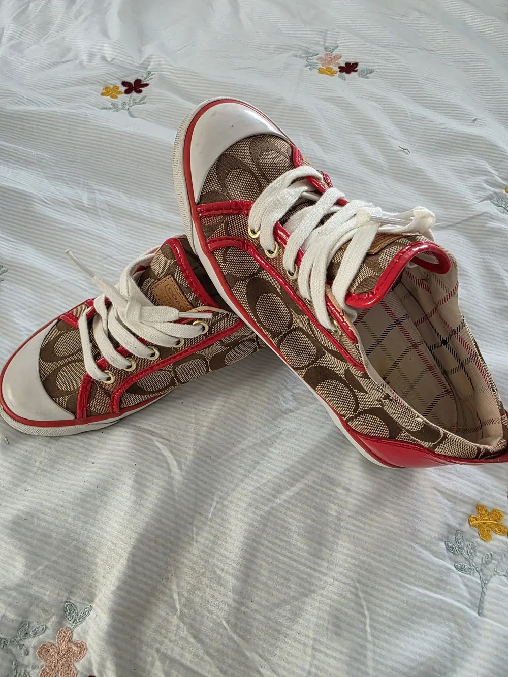 Coach Women's Brown Signature Canvas Sneaker with Pink Trim